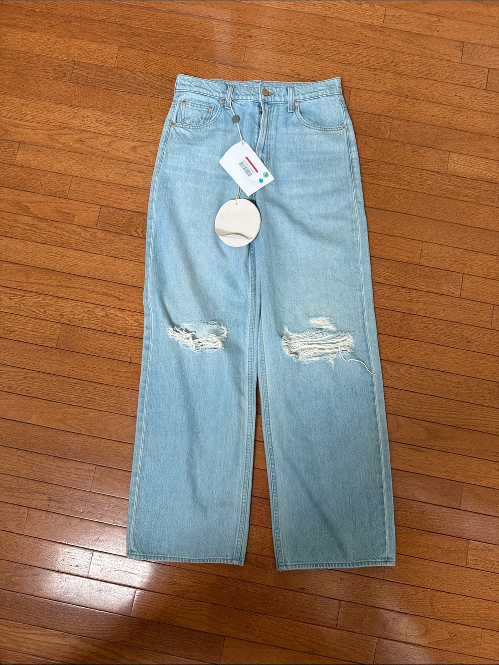 MOTHER Light Blue Straight-Leg Distressed Jeans The Fun Dip Puddle- Women